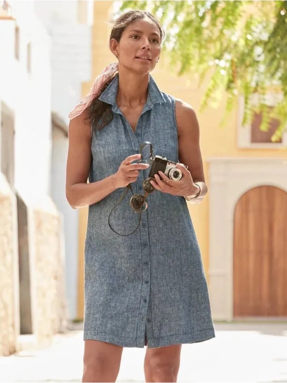 Garnet Hill classic Shirtdress Womens 6 Blue Linen Sleeveless Indigo Chambray